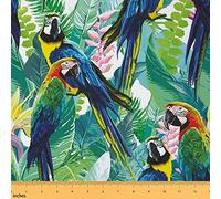 Parrot Upholstery Fabric by The Yard, Hawaiian Tropical Leaves by The Yard, Birds Floral Decorative Waterproof Outdoor Fabric, Upholstery and Home Accents, DIY Art, 1 Yard, Green Blue