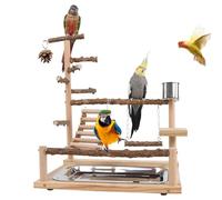 Parrots Playground | Wooden Play Space for Parakeet with Stainless Steel Cup and Tray - for Cockatiels, Parakeets and Lovebirds to Climb and Rune