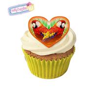 Parrots Tropical Kitsch! 12 Edible Parrot Design Heart Cake Decorations, Plus 12 Smaller red Star Hearts!
