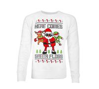 Parsa Fashions® Unisex Kids Limited Edition Ugly Christmas Dabbin Through The Snow Sleigh Bells Sweatshirt Elf Santa Novelty Retro Jumper Xmas Funny Gift- Age 7-13 (13 Years, White - SantaFlos)