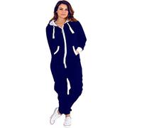 Parsa Fashions ® Womens Plain Zipper Onesie Ladies Onepiece All in One Hooded Zip Up Overall Jumpsuit Playsuit S-XL 8-16 (XXXXXL, Navy)