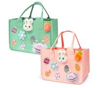 PARSUP 2PCS Easter Egg Hunt Bags Happy Easter Bunny Gift Bags with Handles, Easter Treat Bags, Felt Easter Bags for Gifts Wrapping, Egg Hunt Game, Easter Party Supplies, 12" x7.8" x6.8"(Pink + Blue)