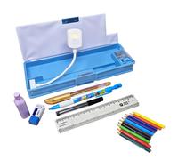 PARTEET Stationery Combo Pencil Box Inbuild LED Light, Sharpener, Dual Compartment, Magnetic Lock, Pen, Pencil, Scale, Eraser, Highlighter, Colour Pencils Set for Kids (Blue)