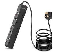 PARTH 2M Black Extension Lead Surge Protection - 5 Gang Multi UK Plug Extension Socket with Switches - 2 Metre Long Heavy Duty Cord Extension Cable- Wall Mounted 5 Way Power Extension 3250W/13A