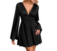 Parthea Women's Sexy Deep V Neck Long Sleeve Mini Satin Silk Dress Elegant Flowy Wedding Guest Party Short Dresses, Black, L