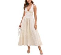 Parthea Women's Summer Midi Dress Smocked Gingham Halter V Neck Sundress Elegant Flowy A Line Beach Long Dresses, Yellow, 6-8