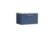 Partial Fluted 1 Drawer Wall Hung Vanity Unit with Carrera Marble Laminate Worktop - 600mm - Satin Blue
