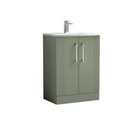 Partial Fluted 2 Door Floor Standing Vanity Unit with 1 Tap Hole Curved Basin- 600mm - Satin Green - Baltereley