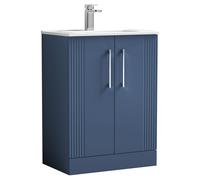 Partial Fluted 2 Door Floor Standing Vanity Unit with 1 Tap Hole Minimalist Basin - 600mm - Satin Blue