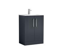 Partial Fluted 2 Door Floor Standing Vanity Unit with 1 Tap Hole Minimalist Basin - 600mm - Satin Dark Grey