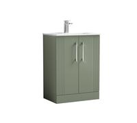 Partial Fluted 2 Door Floor Standing Vanity Unit with 1 Tap Hole Minimalist Basin - 600mm - Satin Green