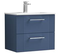 Partial Fluted 2 Drawer Wall Hung Vanity Unit with 1 Tap Hole Minimalist Basin - 600mm - Satin Blue