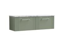 Partial Fluted 2 Drawer Wall Hung Vanity Unit with Carrera Marble Laminate Worktop - 1200mm - Satin Green