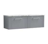 Partial Fluted 2 Drawer Wall Hung Vanity Unit with Carrera Marble Laminate Worktop - 1200mm - Satin Grey