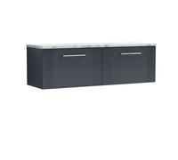 Partial Fluted 2 Drawer Wall Hung Vanity Unit with Carrera Marble Laminate Worktop - 1200mm - Satin Soft Black