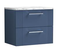 Partial Fluted 2 Drawer Wall Hung Vanity Unit with Carrera Marble Laminate Worktop - 600mm - Satin Blue