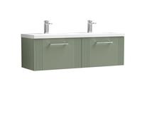 Partial Fluted 2 Drawer Wall Hung Vanity Unit with Double Ceramic Basin - 1200mm - Satin Green