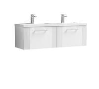 Partial Fluted 2 Drawer Wall Hung Vanity Unit with Double Polymarble Basin - 1200mm - Satin White
