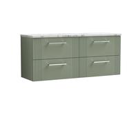 Partial Fluted 4 Drawer Wall Hung Vanity Unit with Carrera Marble Laminate Worktop - 1200mm - Satin Green
