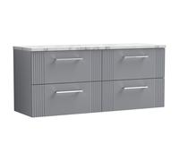Partial Fluted 4 Drawer Wall Hung Vanity Unit with Carrera Marble Laminate Worktop - 1200mm - Satin Grey