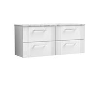 Partial Fluted 4 Drawer Wall Hung Vanity Unit with Carrera Marble Laminate Worktop - 1200mm - Satin White