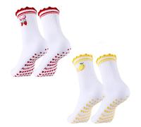 Partideal 2 Pairs Cute Pilates Socks with Grips Non Slip Ruffle Yoga Reformer Socks Cuff Embroidery Pattern Ladies Grippy Crew Sock for Home Gym Barre Sports Fitness Dance Ballet Hospital