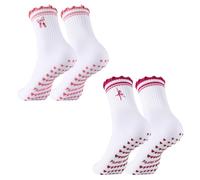 Partideal 2 Pairs Cute Pilates Socks with Grips Non Slip Ruffle Yoga Reformer Socks Cuff Embroidery Pattern Ladies Grippy Crew Sock for Home Gym Barre Sports Fitness Dance Ballet Hospital