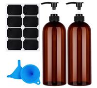 Partideal Pump Bottle Dispenser, 2 Pcs 1000ml/35.2oz Refillable Empty Plastic Amber Bottles with Funnel and Label for Lotions, Shampoo, Conditioner