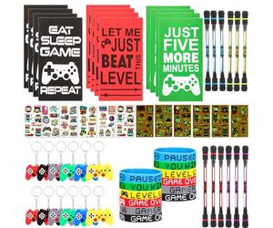 Partideal Video Game Party Bag Fillers, 52Pcs Gaming Favours with Drawstring Bags, Silicone Bracelet, Keychain and Glow Temporary Tattoos, Birthday Party Supplies for Kids and Adult Gamers
