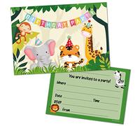 PartiKraft 12 x Wild Jungle Animal Birthday Party Invitations - Double Sided Elephant, Monkey, Giraffe, Tiger Design (Invitations Only)