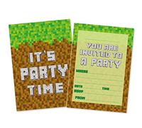PartiKraft (Pack of 20) Block Building Gamer Inspired Birthday Party Invitations with Green Envelopes