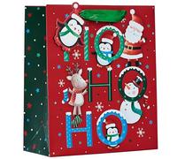 Partisan Products Christmas Ho Ho Ho Gift Bag with Green Handle and Penguin Gift Tag Xmas Gift Wrap Christmas Characters Medium