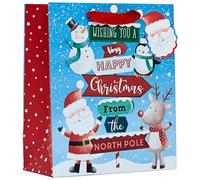 Partisan Products Christmas North Pole Sign Happy Gift Bag with Santa Gift Tag and Red Handle Xmas Gift Wrap Santa Rudolph Penguin Reindeer Medium