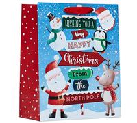 Partisan Products Christmas North Pole Sign Happy Gift Bag with Santa Gift Tag and Red Handle Xmas Gift Wrap Santa Rudolph Penguin Reindeer Large