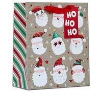Partisan Products Christmas Santa Faces Gift Bag with Red Handle and Ho Ho Ho Gift Tag Xmas Gift Wrap Medium