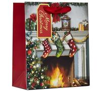 Partisan Products Traditional Christmas Fire Gift Bag with Red Handle and Gift Tag Xmas Gift Wrap Medium