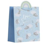 Partisan Products White Kraft Paper Blue Boy Baby Shower Rabbit Gift Bag With Rainbow Gift Tag Fully Recyclable Medium