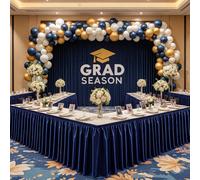 PARTISKY 14ft Length Satin Navy Blue Table Skirt Rectangle Tables, Wrinkle Free Pleated Ruffle Table Skirting Desk Cover Skirt for Teacher Classroon Office Weddings Birthday Party Banquet Decorations