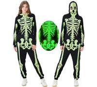 PARTISKY Adult Onesie Skeleton Costume Women & Men, Glow in the Dark Halloween Skeleton Jumpsuit with Zipper Hooded