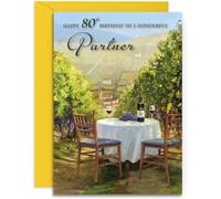 Partner 80th Birthday Card - Relax and Red Wine - Medium Sized Card (A5 Size -148mm x 210mm) with Yellow Envelope