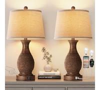 PARTPHONER Table Lamps Set of 2, Bedside Touch Lamp with USB C+A Charging Ports, Side Table Lamp with Linen Fabric Shade (LED Bulbs Included), Wood