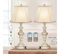 PARTPHONER Touch Control Table Lamp Set of 2, 3-Way Dimmable Bedside Nightstand Lamp with 2 USB Charging Ports, Rustic Farmhouse Desk Lamp with Faux Silk Shade for Living Room, Bedroom - Washed White