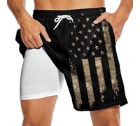 Partrest American Flag Men's Swim Trunks with Compression Liner USA Flag Swimming Trunks Board Shorts with Pocket Swim Shorts, Dark Black American Flag, M
