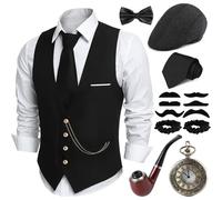 PARTTELY 1920s Mens Costume,Roaring 20s Costumes for Men,1920S Mens Outfit Accessories with Vest Hat Pocket Watch Tie Armband, Black With Pipe, Medium