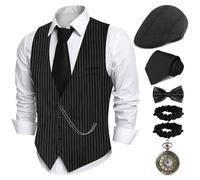PARTTELY 1920s Mens Costume,Roaring 20s Costumes for Men,1920S Mens Outfit Accessories with Vest Hat Pocket Watch Tie Armband, Black-stripes, XL