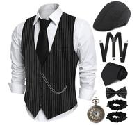 PARTTELY 1920s Mens Costume,Roaring 20s Costumes for Men,1920S Mens Outfit Accessories with Vest Hat Pocket Watch Tie Armband, Black Stripes With Belt, XXL