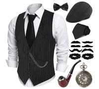 PARTTELY 1920s Mens Costume,Roaring 20s Costumes for Men,1920S Mens Outfit Accessories with Vest Hat Pocket Watch Tie Armband, Black Stripes With Pipe, XXL