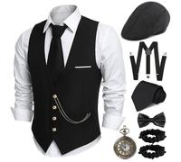 PARTTELY 1920s Mens Costume,Roaring 20s Costumes for Men,1920S Mens Outfit Accessories with Vest Hat Pocket Watch Tie Armband, Black With Belt, Medium