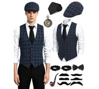 PARTTELY 1920s Mens Costume Roaring 20s Costumes for Men 1920s Mens Outfit | Great Gatsby Accessories for Men with Vest Hat Pocket Watch Tie False Mustaches, for Harlem Nights, Halloween, Gatsby Party