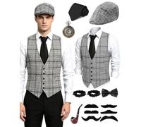 PARTTELY 1920s Mens Costume Roaring 20s Costumes for Men 1920s Mens Outfit | Great Gatsby Accessories for Men with Vest Hat Pocket Watch Tie False Mustaches, for Harlem Nights, Halloween, Gatsby Party